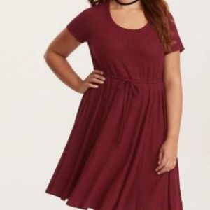 RED RIBBED KNIT TIE WAIST SKATER DRESS
